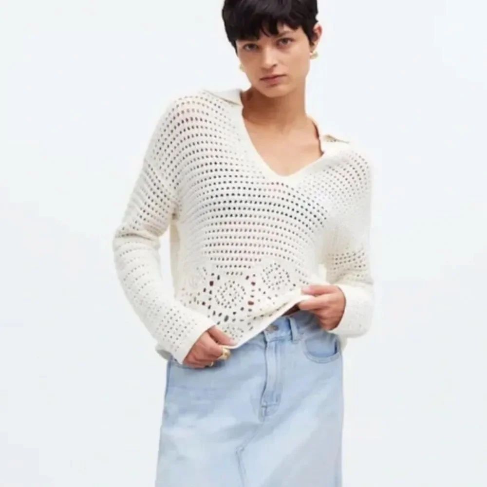 Madewell Crochet Polo Sweater Cream Cotton Open Knit Size L